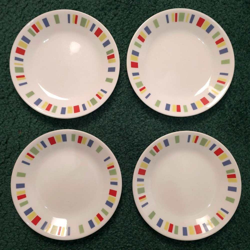Corelle Vitrelle MEMPHIS Block Red Yellow Blue Green Dessert Bread 4 Plates 6.75